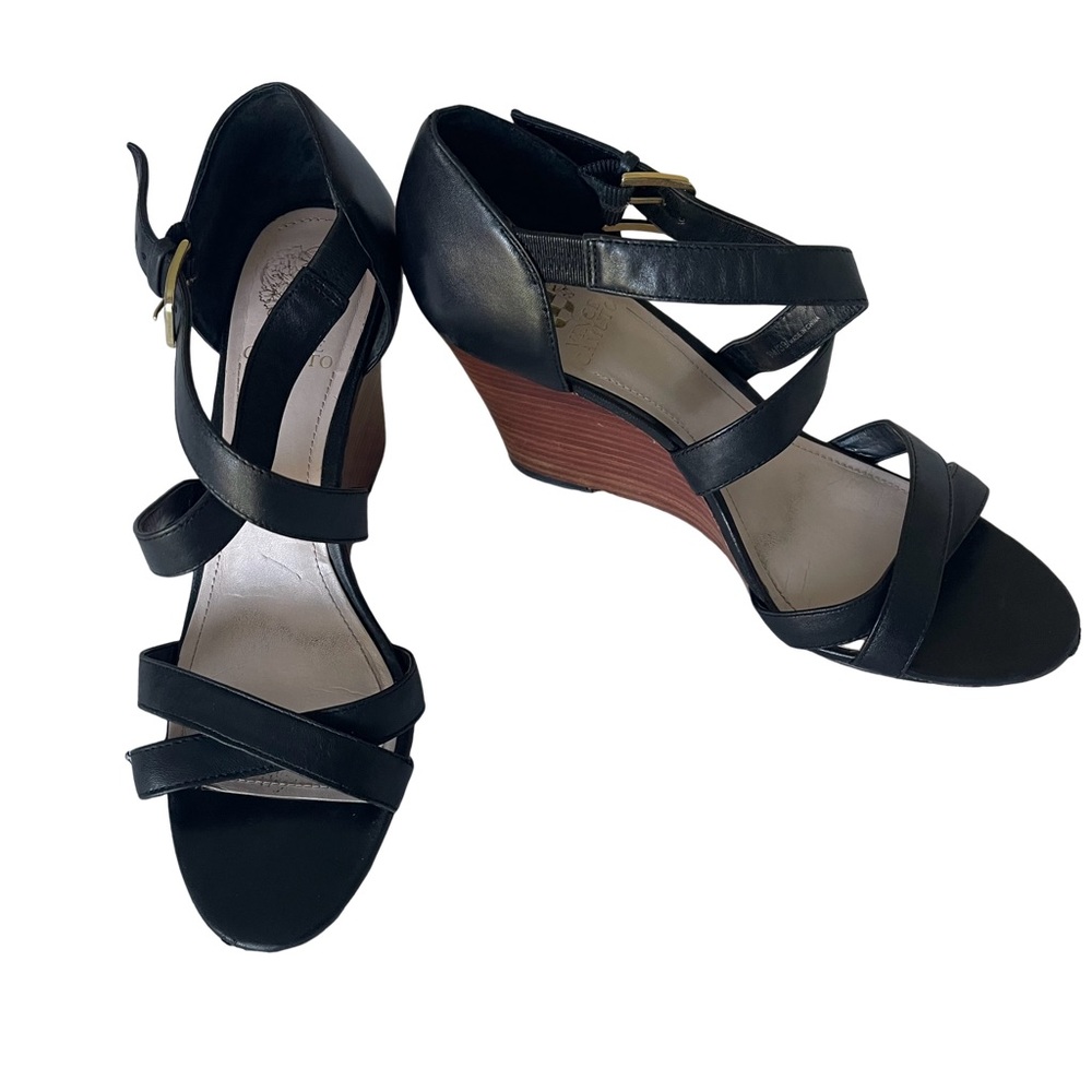 Vince Camuto Black Leather Strap Wedge Sandals. Very nice. Size 9